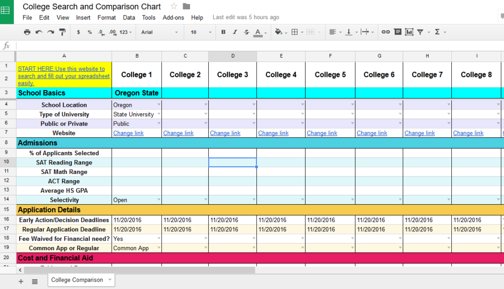 college comparison chart template