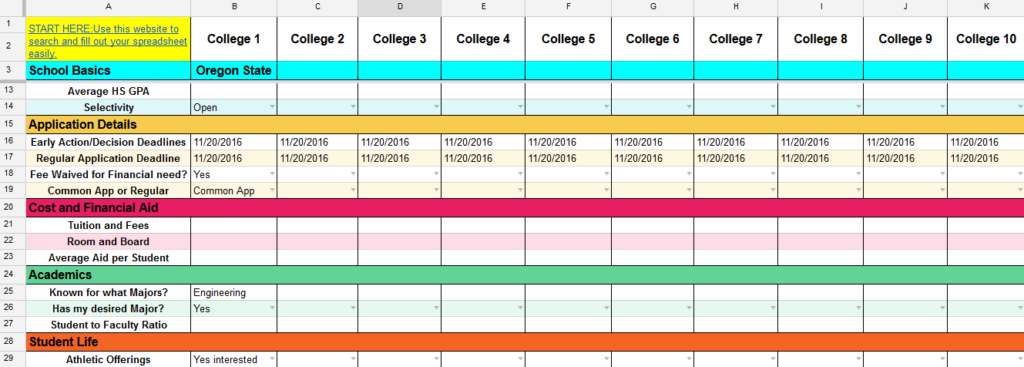 college comparison chart template