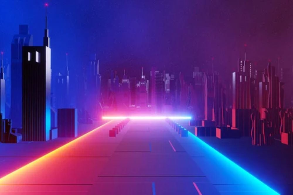 Render Cyber Night City Landscape Concept Light Glowing Dark Scene — Stock Photo, Image