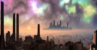 Two Ancient Alien Cities with Aurora Sky — Stock Photo, Image