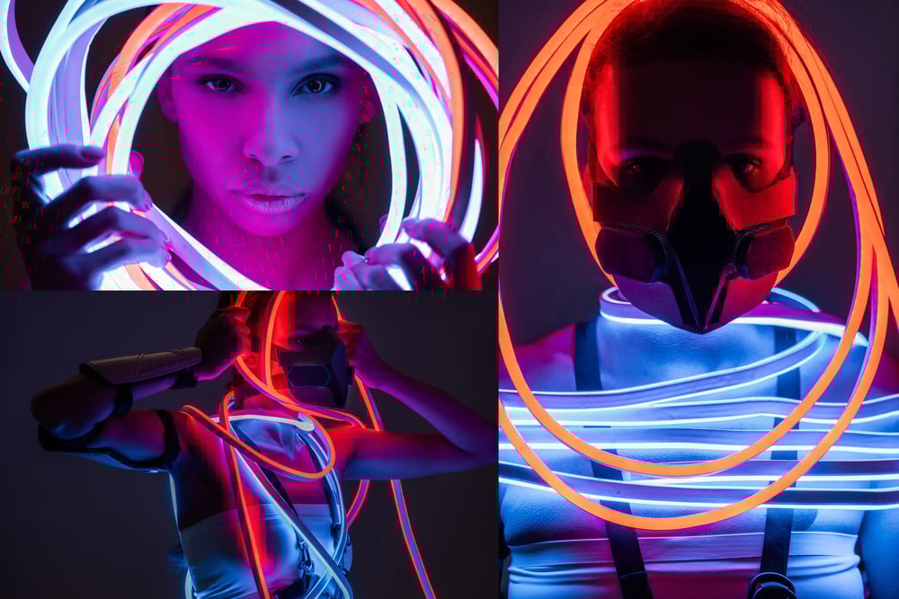 Collage Futuristic African American Woman Respirator Neon Lighting — Stock Photo, Image