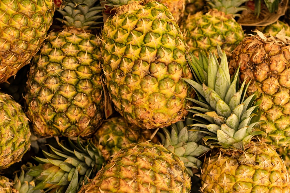 Pineapples are ripe. Hawaiian pineapples background. A lot of pineapple fruit background. — Stock Photo, Image