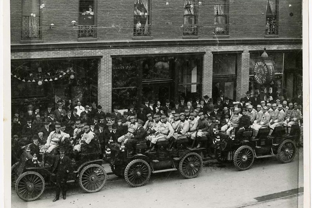 Opening Day 1903, Oakland Commuters leaving the Statehouse Hotel for their first PCL game against Sacramento. | by California Historical Society Digital Collection