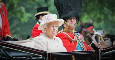 QUEEN ELIZABETH & PRINCE PHILIP, LONDON, UK - JUNE 13: Queen Elizabeth and Prince Philip appear during Trooping the Colour stock, photo, photograph, image, picture, press, — Stock Photo, Image