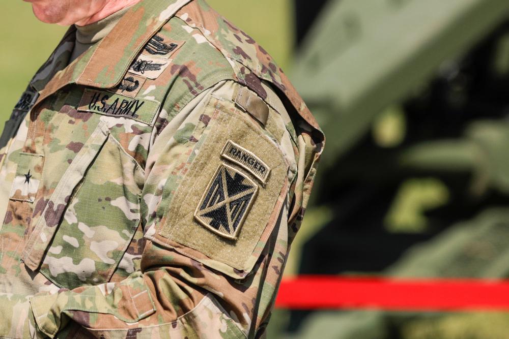 Capu Midia, Romania - June 9, 2021: Details with the US Army Ranger tab on the shoulder sleeve insignia of an officer. — Photo by Mircea Moira